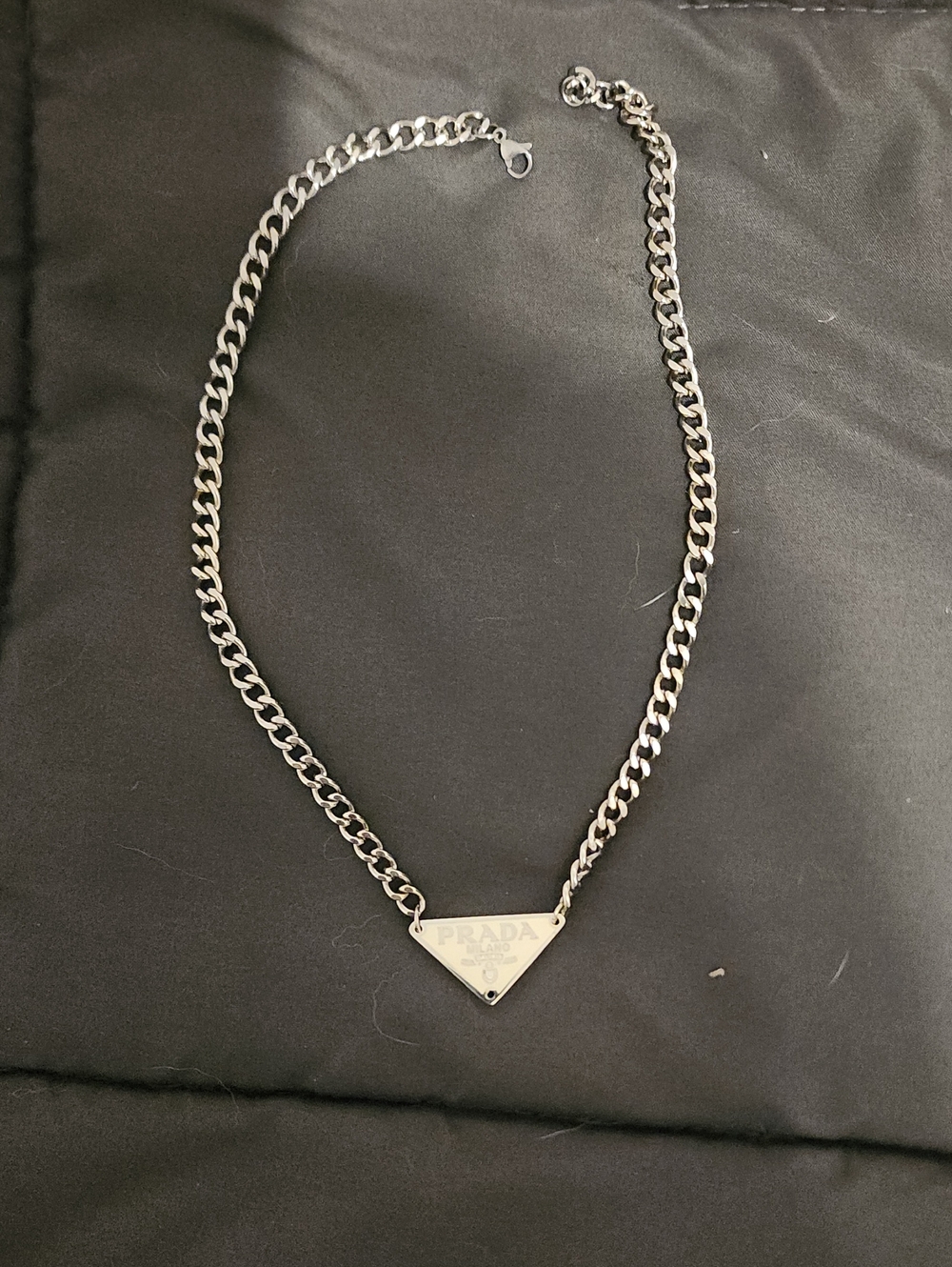 Prada Silver-Tone Chain Necklace with Triangle Logo Pendant